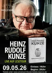 Ein Plakat für eine Lesetour von Heinz Rudolf Kunze. Das Datum ist der 09.05.26 mit Einlass um 19 Uhr und Beginn um 20 Uhr.