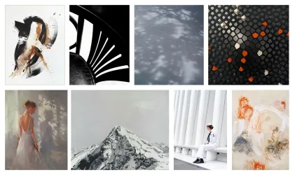Eine kreative Collage aus verschiedenen Bildern, darunter Kunstwerke und Fotografien. Die Motive variieren von Landschaften bis zu abstrakten Formen und Porträts.