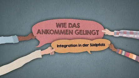 Eine grafische Darstellung mit Sprechblasen, die Hände verschiedener Menschen zeigen. Der Text thematisiert Integration in der Südpfalz.