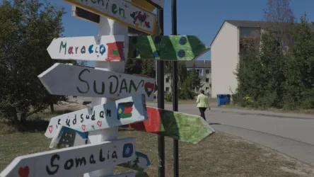 Ein Wegweiser mit bunten Schildern, die verschiedene Länder wie Sudan, Marokko und Somalia anzeigen. Im Hintergrund geht eine Person auf einem Gehweg entlang.