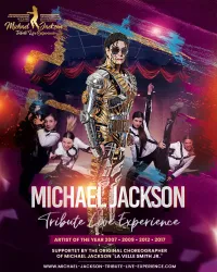 Ein farbenfrohes Plakat für das Michael Jackson Tribute Live Erlebnis. Es zeigt Tänzer in auffälligen Kostümen und hebt die künstlerische Leistung des Künstlers hervor.