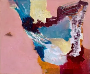 Ein abstraktes Gemälde mit lebendigen Farben und dynamischen Pinselstrichen. Die Formen und Texturen vermitteln ein Gefühl von Bewegung und Kreativität.