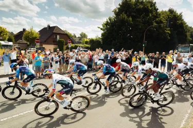 Eine Gruppe von Radfahrern fährt schnell an einer Menschenmenge vorbei. Die Zuschauer jubeln und beobachten das Rennen.