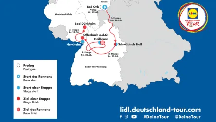 Eine Karte der Deutschland-Tour zeigt die Route mit verschiedenen Etappen. Die wichtigsten Punkte sind klar markiert, einschließlich Start- und Zielorten.