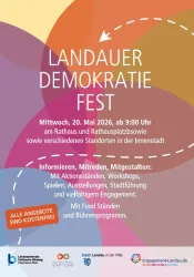 Ein Plakat für das Landauer Demokratie Fest am 20. Mai 2026. Es informiert über verschiedene Aktivitäten, Workshops und kostenlose Angebote in der Innenstadt.