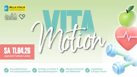 Ein Werbebanner für die Veranstaltung "Vita Motion" am 11. April 2026 in Landau. Es werden Gesundheitsmesse, Vorträge und Körper-Checks angeboten.