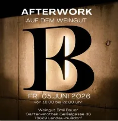 Ein einladendes Afterwork-Event auf dem Weingut. Datum ist der 5. Juni 2026, von 18:00 bis 22:00 Uhr.