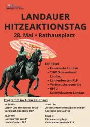 Ein Plakat für den Landauer Hitzaktionstag am 28. Mai auf dem Rathausplatz. Es zeigt Aktivitäten und Partner, die an dem Tag teilnehmen werden.