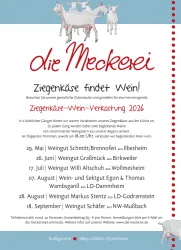 Eine Einladung zur Ziegenkäse-Wein-Verkostung mit Informationen über die Veranstaltung. Im Hintergrund sind Illustrationen von Ziegen und ein einladendes Layout zu sehen.