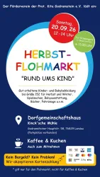 Ein bunter Flyer für einen Herbstflohmarkt, der am 20. September stattfinden wird. Angeboten werden Kinder- und Babyartikel sowie Kaffee und Kuchen.