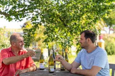 Zwei Männer stoßen mit Gläsern an einem Tisch an. Im Hintergrund sind Weinflaschen und ein schöner Garten zu sehen.