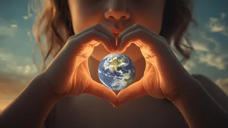 Ein Kind formt mit seinen Händen ein Herz und hält die Erde darin. Der Hintergrund zeigt einen schönen Himmel bei Sonnenuntergang.