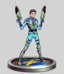 Ein animierter Charakter in blauem Raumanzug steht auf einer Plattform. Er hält in jeder Hand eine futuristische Waffe.