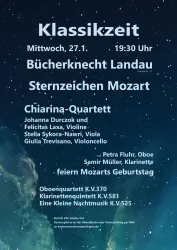 Ein Veranstaltungsplakat für ein klassisches Konzert mit dem Chiara-Quartett. Es finden verschiedene Werke von Mozart statt, einschließlich einer Feier zu seinem Geburtstag.