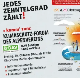 Ein Plakat für das Klimaschutz-Forum des Alpenvereins. Es enthält Informationen zu Terminen, Themen und Aktivitäten zur Umwelt und Klimaschutz.
