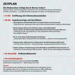 Ein Zeitplan für eine Veranstaltung mit verschiedenen Programmpunkten. Die Themen umfassen Klima- und Umweltschutz sowie eine Podiumsdiskussion.