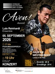 Ein Plakat für ein Konzert von Lulo Reinhardt und Ensemble am 5. September 2026. Es enthält Informationen zu einem Podiumsgespräch und Ticketpreisen.