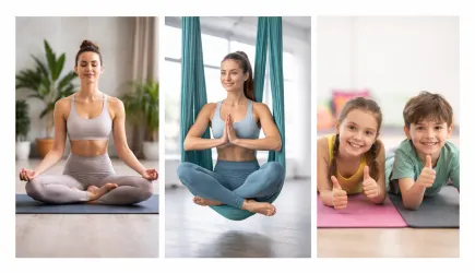 Drei Szenen zeigen Menschen, die Yoga und Entspannung praktizieren. Auf der linken Seite meditiert eine Frau, in der Mitte sieht man eine Frau im Luft-Yoga, und rechts freuen sich zwei Kinder beim Üben.