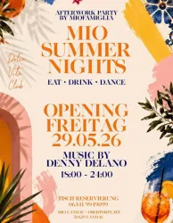 Ein farbenfrohes Plakat für eine Sommerparty mit dem Titel "MIO Summer Nights". Es zeigt Informationen über die Eröffnung, Musik von Denny Delano und Reservierungsmöglichkeiten.