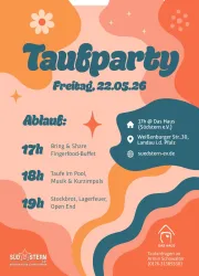 Ein farbenfrohes Ereignisplakat für eine Taubparty mit verschiedenen Aktivitäten. Die Veranstaltung findet am Freitag, dem 22. Mai 2026, im „Das Haus“ in Landau statt.