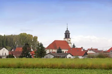 Ein charmantes Dorf mit roten Dächern und einer Kirche im Hintergrund. Umgeben von grünen Feldern und blauem Himmel.