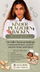 Ein Flyer für einen Kinder-Backnachmittag mit einer lächelnden Frau in Kochkleidung. Es werden Informationen über das gemeinsame Backen und Verzieren von Plätzchen angeboten.