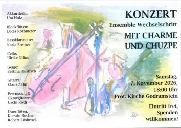 Ein künstlerisches Plakat für ein Konzert mit verschiedenen Instrumenten wie Geige und Cello. Die Veranstaltung findet am 7. November 2026 in der Prot. Kirche Godramstein statt und der Eintritt ist frei.