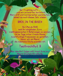 Ein buntes und lebhaftes Bild mit tropischen Pflanzen und Tieren. Es enthält Informationen über eine Veranstaltung namens "Back in the Busch" am 1. Mai.