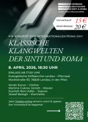 Ein Plakat für ein Konzert zum Internationalen Roma Day. Es enthält Informationen zum Datum, Uhrzeit und den Künstlern sowie Ticketpreisen.
