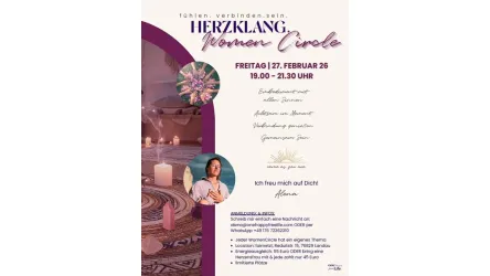 Ein Einladungsplakat für den "Herzklang Women Circle" am 27. Februar 2026. Es zeigt eine entspannende Atmosphäre mit Kerzen und einer ansprechenden Gestaltung.