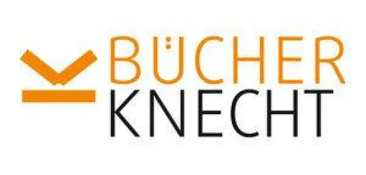 Das Bild zeigt ein Logo mit dem Schriftzug "Bücherknecht". Es kombiniert orange und schwarze Farben in einer modernen Schriftart.