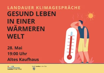 Eine Veranstaltung zu den Landauer Klimagesprächen über gesundes Leben in einer wärmeren Welt. Datum und Uhrzeit sind der 28. Mai um 19:00 Uhr im Alten Kaufhaus.