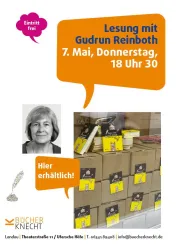 Ein Plakat für eine Lesung mit Gudrun Reinboth am 7. Mai um 18:30 Uhr. Es zeigt eine Box mit Büchern und Informationen zur Veranstaltung.