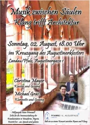 Ein Konzertplakat mit Informationen zu einer musikalischen Veranstaltung im Augustinerkloster in Landau/Pfalz. Die Künstler sind Christina Mayer und Michael Gras, die Klavier und Klarinette spielen.