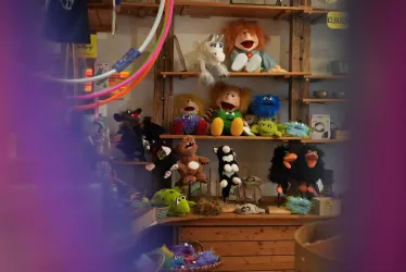 Eine bunte Auswahl an Plüschfiguren und Puppen auf Holzregalen. Im Hintergrund sind verschiedene Spielzeuge und Dekoartikel zu sehen.