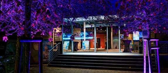 Ein Eingangsbereich mit Glasfront, beleuchtet in bunten Farben bei Nacht. Umgeben von Bäumen mit leuchtenden Blättern.