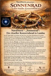 Ein Plakat für ein Konzert mit dem Titel "Sonnenrad". Es wird ein ritueller Konzertabend in Landau am 27. Juni 2026 angekündigt.