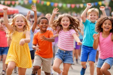 Eine Gruppe fröhlicher Kinder läuft lachend. Sie tragen bunte Kleidung und genießen einen sonnigen Tag.