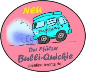 Ein bunter Bulli fährt schnell und hinterlässt einen Rauchschleier. Das Bild bewirbt den "Pfalz Bulli-Quickie" von Palatina Events.