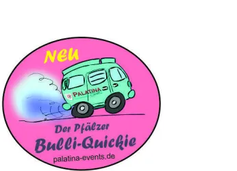 Ein farbenfrohes Logo mit einem Bulli, der fährt und Rauch ausstößt. Der Text beschreibt den "Pfalz Bulli-Quickie" und zeigt die Website palatina-events.de.