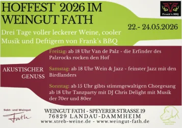 Ein Plakat für das Hoffest 2026 im Weingut Fath. Das Event bietet leckere Weine, Musik und Speisen von Frank's BBQ.