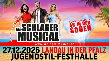 Ein farbenfrohes Plakat für das Schlager Musical "Ab in den Süden". Es zeigt drei Sänger auf einem Strandhintergrund mit Palm trees und einem klaren blauen Himmel.