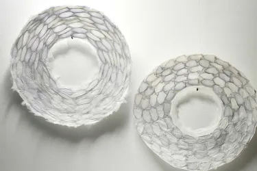 Zwei dekorative Schalen in neutralen Farben hängen an der Wand. Sie bestehen aus filigranen, durchsichtigen Materialien und haben eine organische Form.
