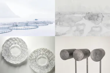 Das Bild zeigt eine Collage von vier verschiedenen Elementen. Oben sind Fischernetze auf Wasser zu sehen, während unten Grafiken von Netzstrukturen und Metallobjekten abgebildet sind.