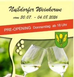Eine Einladung zur Nußdorfer Weinkerve vom 30.07. bis 04.08.2026. Es wird ein Pre-Opening am Donnerstag ab 18 Uhr gefeiert.