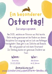 Ein besonderes Ostertag-Event mit Bastelaktivitäten für Kinder. Am 31. März 2026 können Holz-Ostereier gestaltet und Stockbrot am Feuer zubereitet werden.