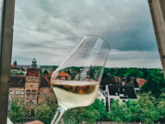 Ein Glas Wein vor einem Ausblick auf eine grüne Stadtlandschaft. Der Himmel ist bewölkt und die Gebäude im Hintergrund sind gut erkennbar.