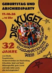 Eine Einladung zur Geburtstags- und Abschiedsparty mit buntem Design. Es werden Live-Musik, Jonglage, Spiele und ein Mitbringbuffet angeboten.