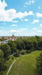 Eine malerische Stadtansicht mit grünen Bäumen und einem blauen Himmel. Im Hintergrund sind historische Gebäude und ein Park zu sehen.