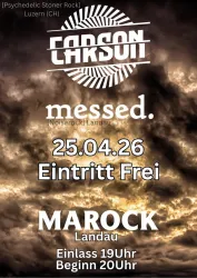 Ein Plakat für ein Konzert mit den Bands "Earson" und "messed." in Landau. Der Eintritt ist frei und die Veranstaltung findet am 25. April 2026 statt.